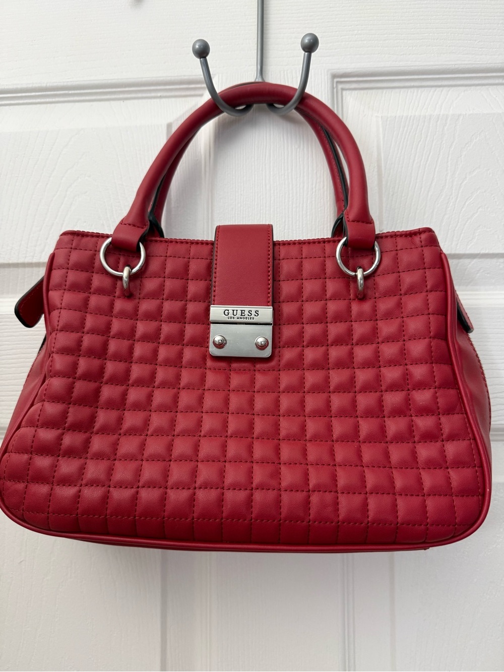 GUESS Red Quilted Double-Handle Satchel with Silver Hardware